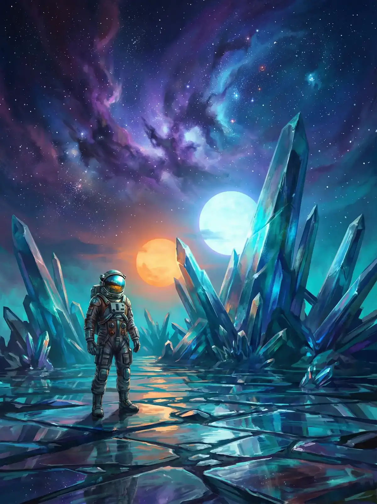 草榴- - 异星探索者在结晶星球表面行走